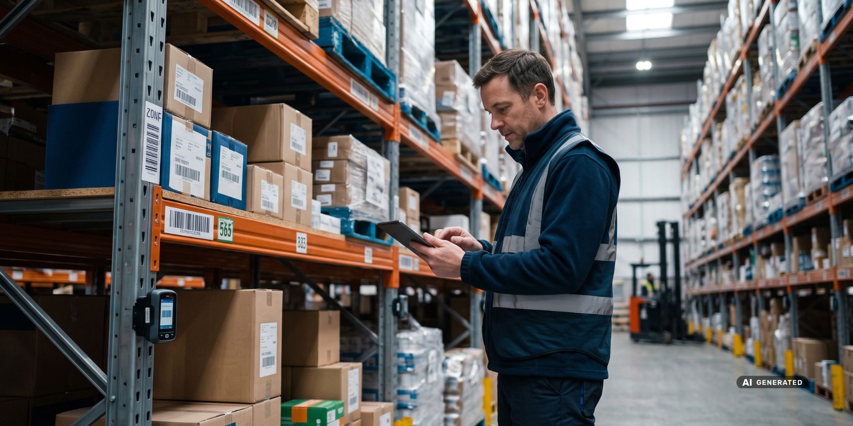A logistics manager checks inventories via tablet in front of a high rack. Smart data control for exact pay-per-shelf billing in contract logistics.